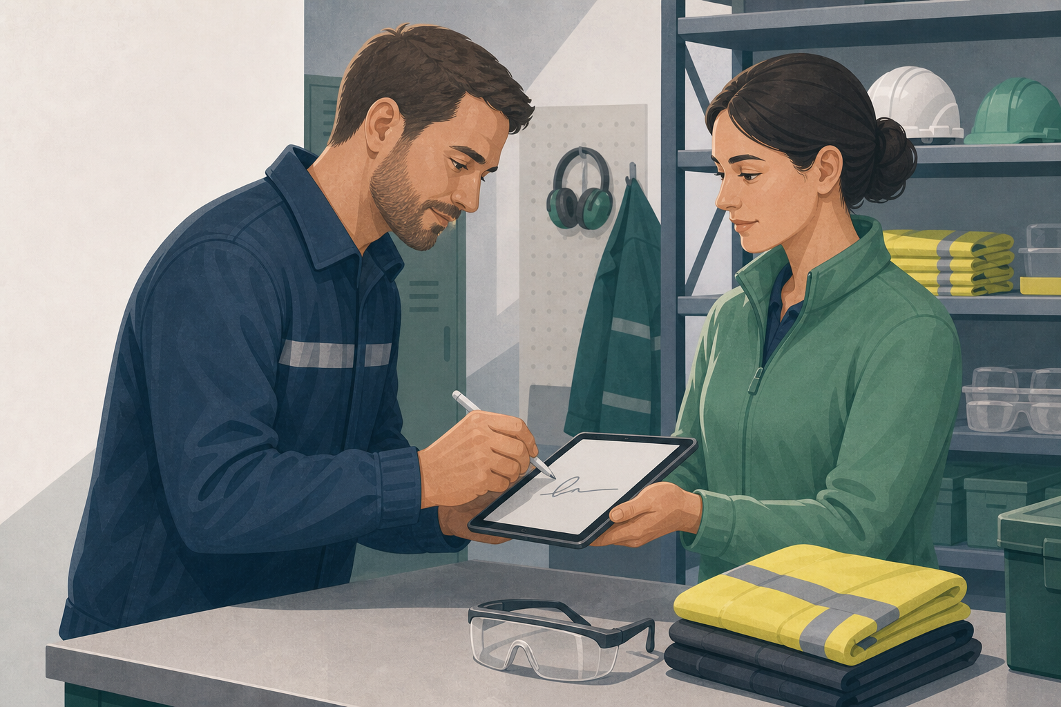 Lavoratore che firma digitalmente il verbale di consegna su tablet